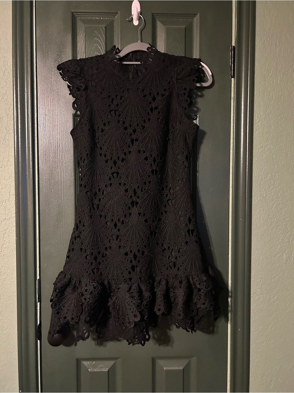 Aqua Black Eyelet Lace Mini Dress with Ruffle Hem
